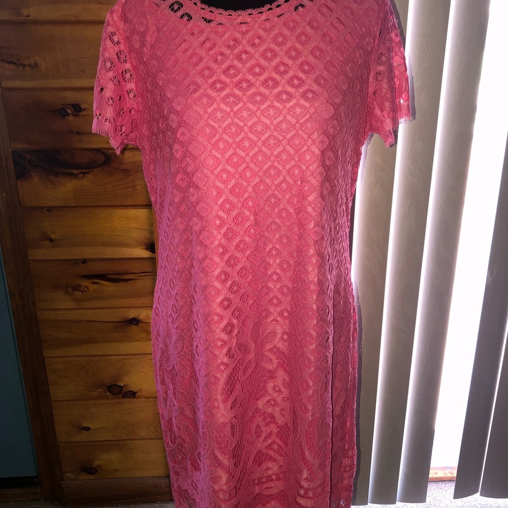 Isaac Mizrahi live navy and pink stretch dress